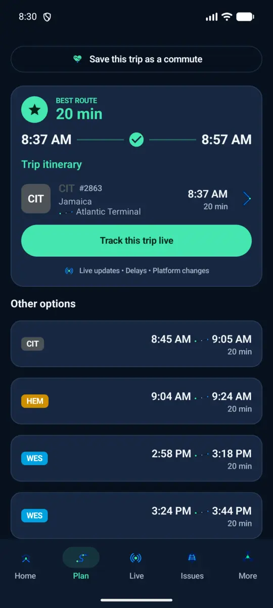 Actual LIRR trip itinerary from Jamaica to Atlantic Terminal in Brooklyn.