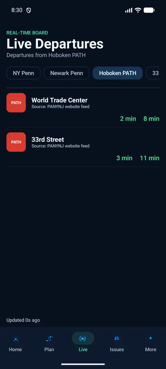 Actual Hoboken PATH board with World Trade Center and 33rd Street arrivals.