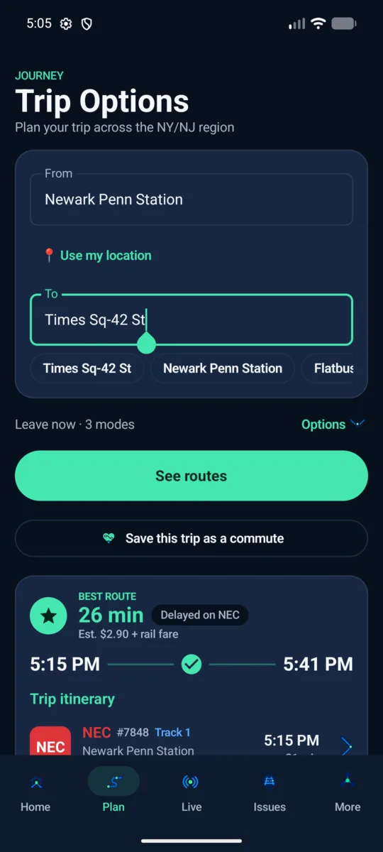 MetroConnect trip planner with From set to Newark Penn Station and To set to Times Square.