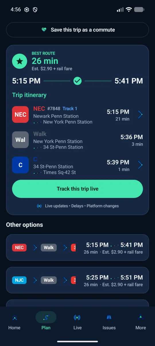 MetroConnect itinerary from Newark Penn to Times Square — an NJ TRANSIT train, a walk, and the C subway.